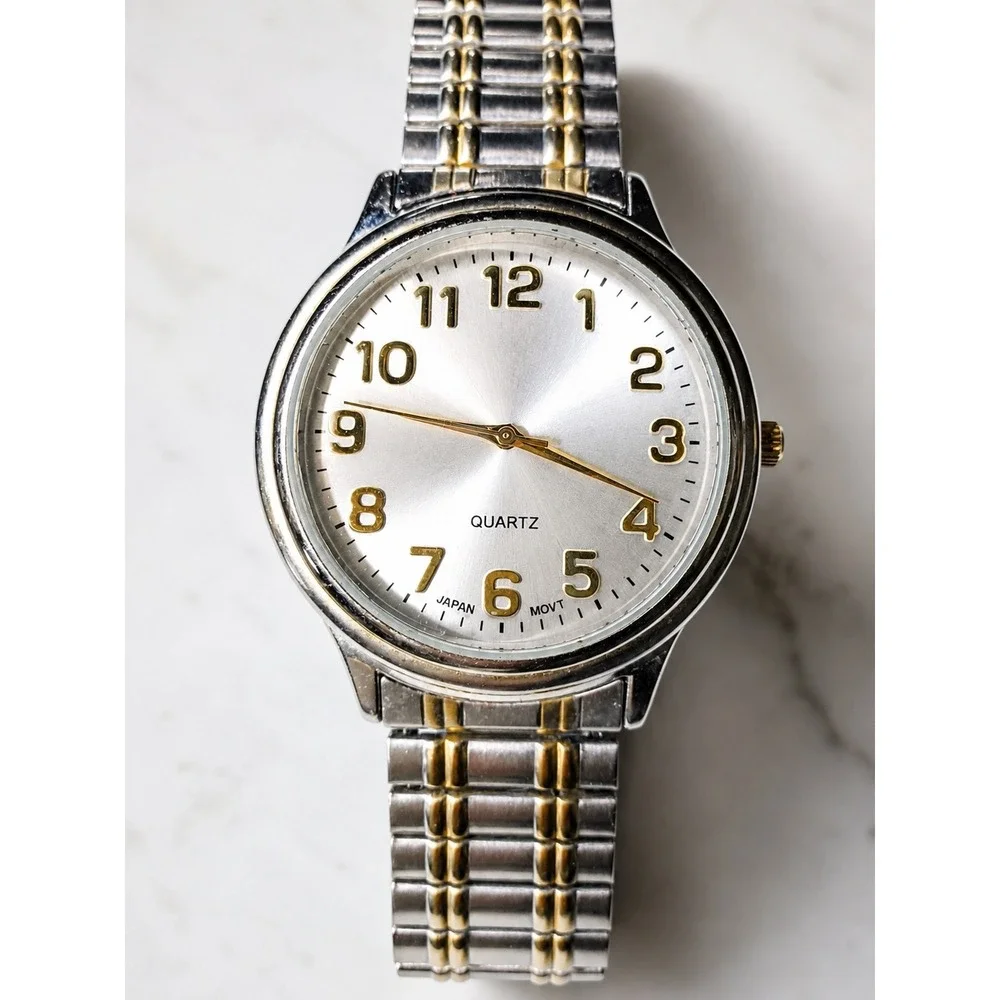 Mens Two Tone Quartz Watch Silver Gold Expansion Band Japan Movt Dress Watch